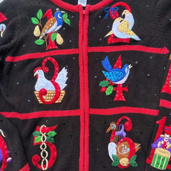 VTG Heirloom Collectables Christmas Sweater PXL Ramie Black Red 12 Days Full Zip - Picture 7 of 11
